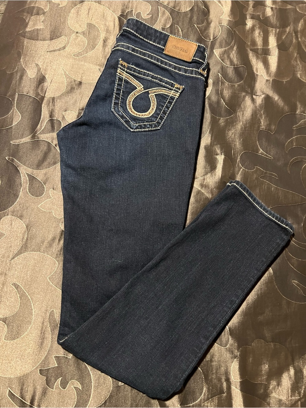 Big Star Dark Wash Slim Straight Low Rise Jeans Embellished Pockets Y2K 28L